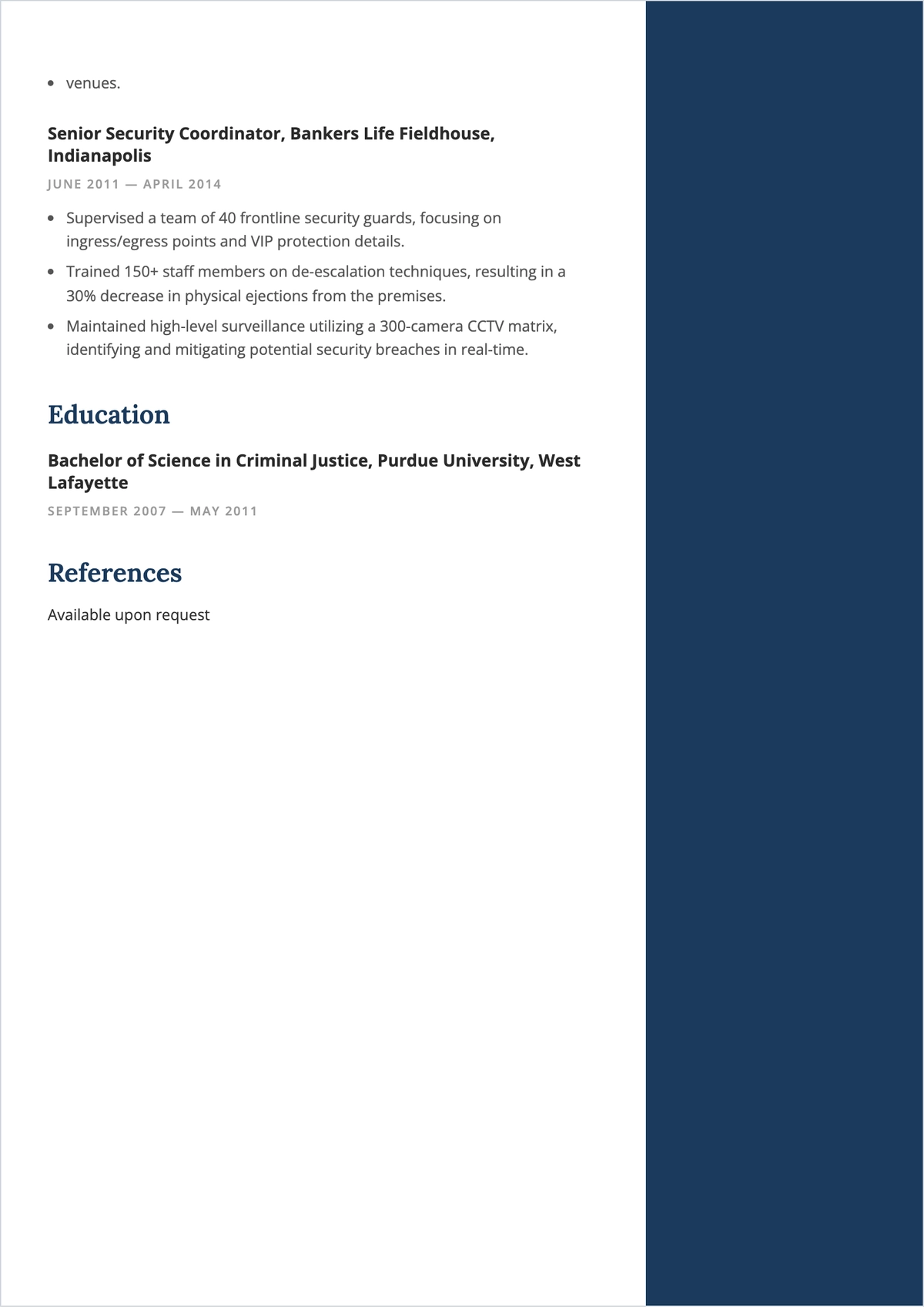 Free Blank Sports Arena Security Manager ATS Resume Template