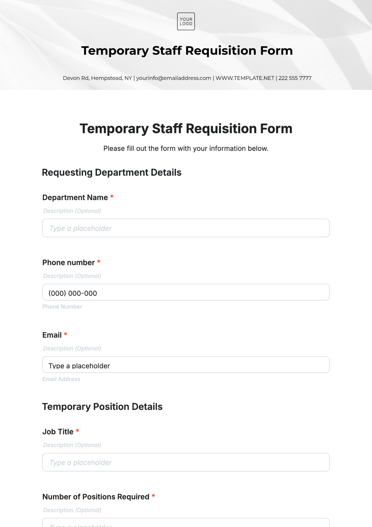 Free Temporary Staff Requisition Form Template