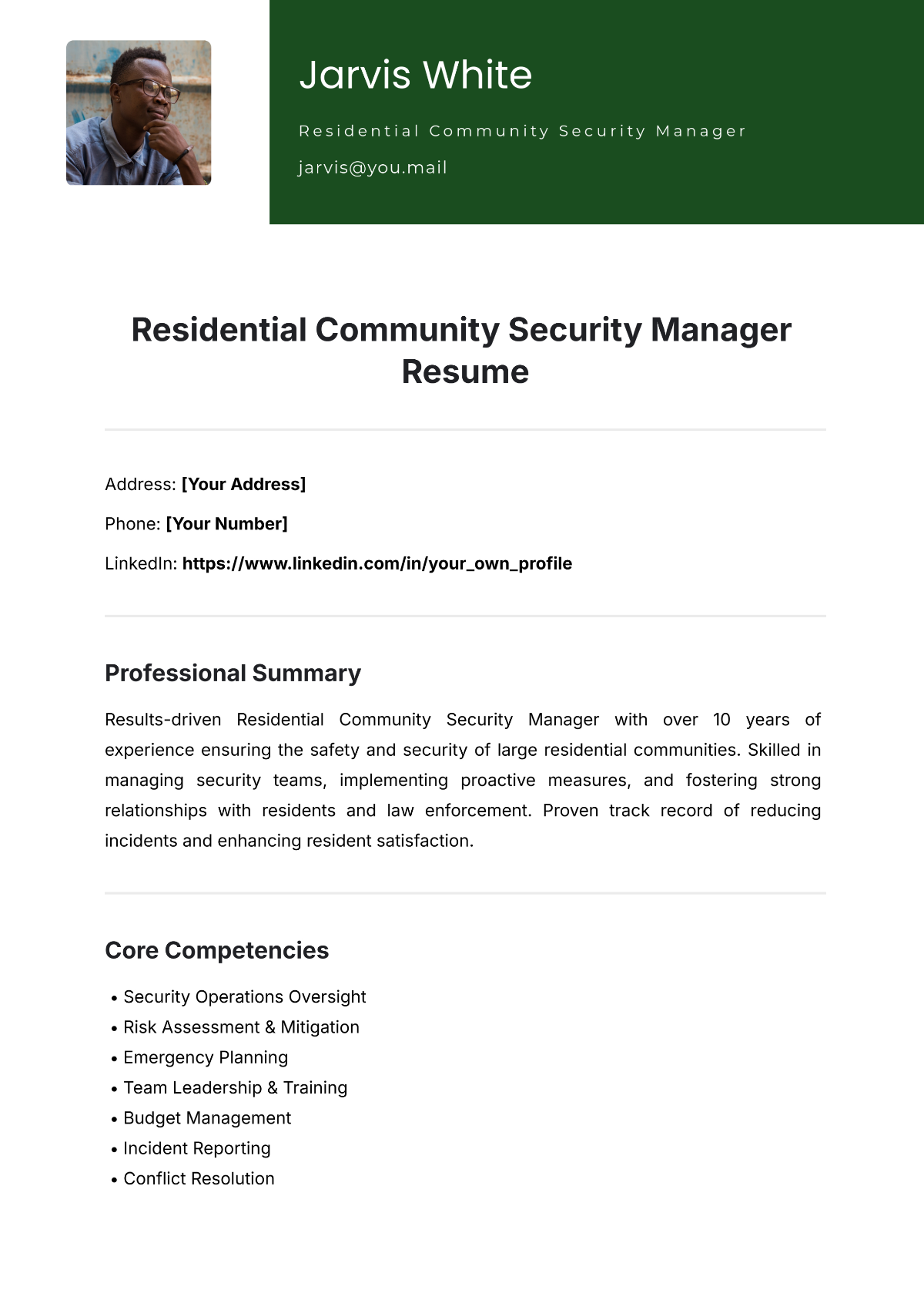 Residential Community Security Manager Resume Template