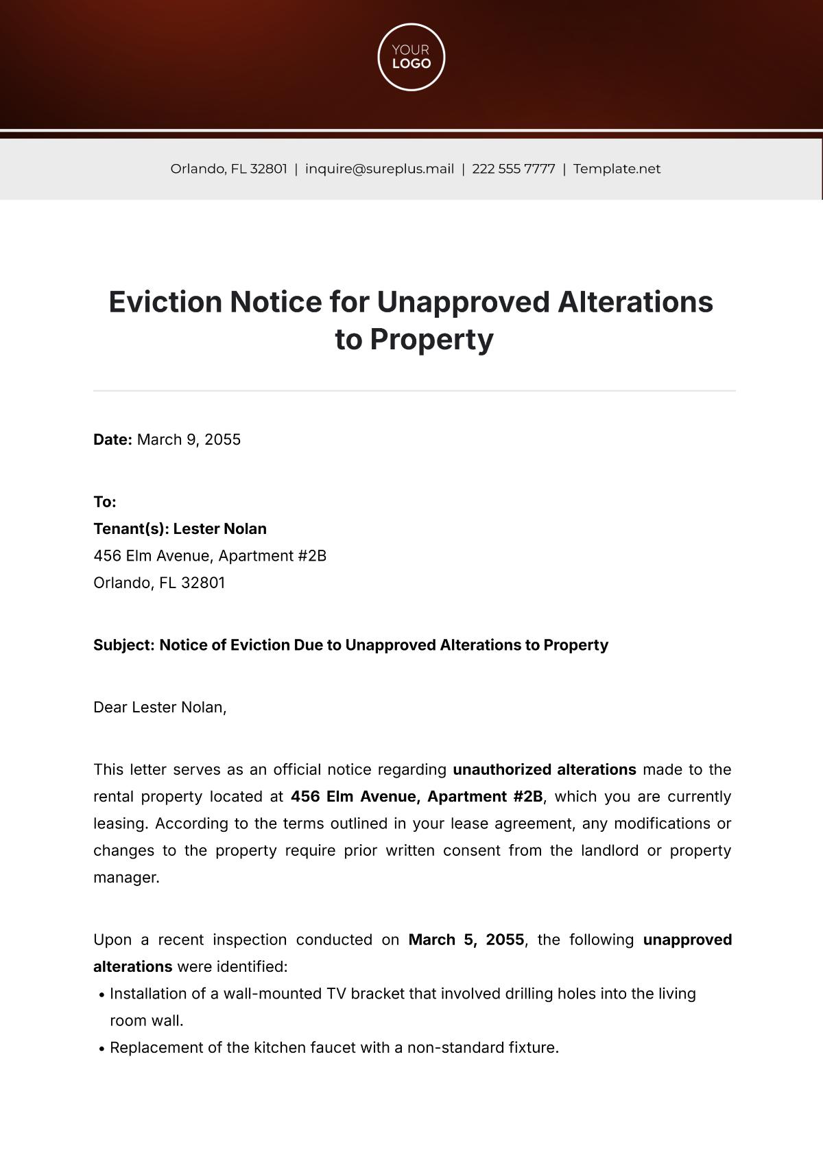 Free Eviction Notice for Unapproved Alterations to Property Template