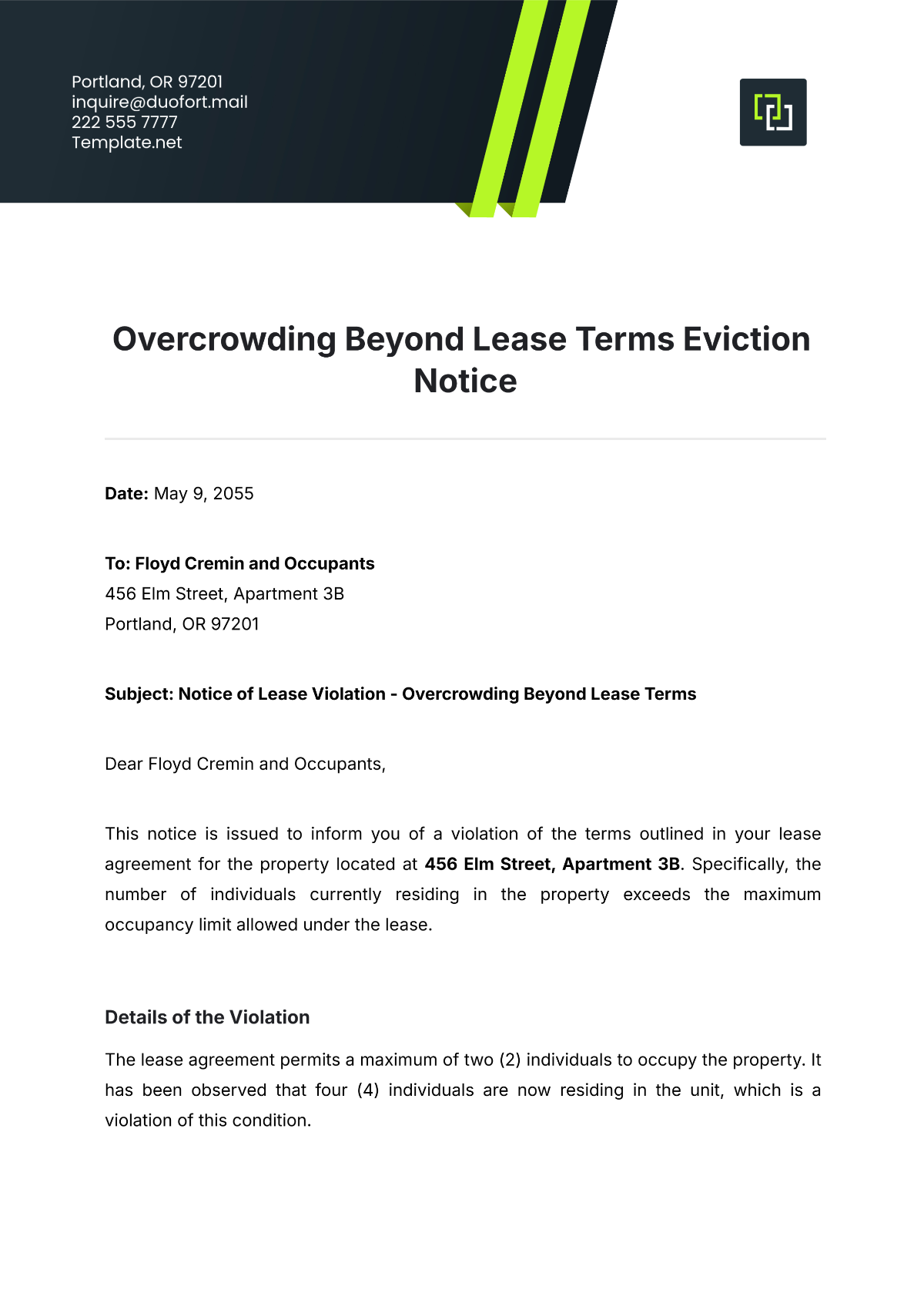 Free Overcrowding Beyond Lease Terms Eviction Notice Template