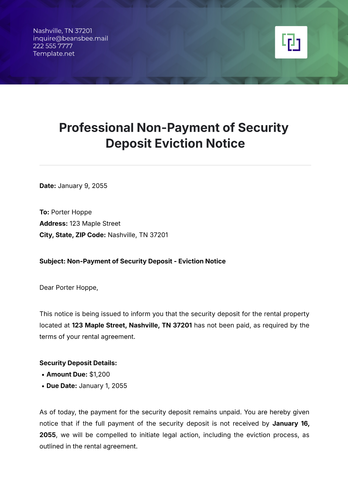 Free Professional Non-Payment of Security Deposit Eviction Notice Template