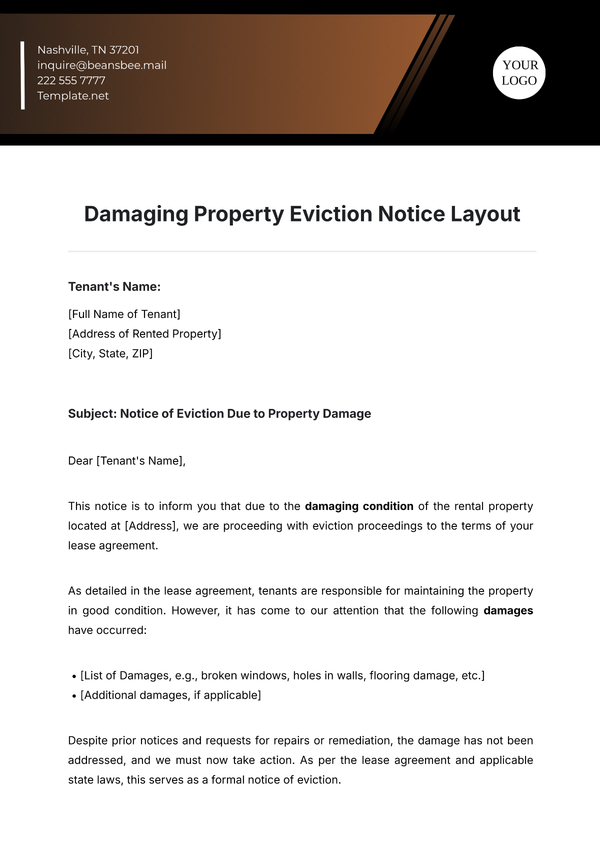 Free Damaging Property Eviction Notice Layout Template