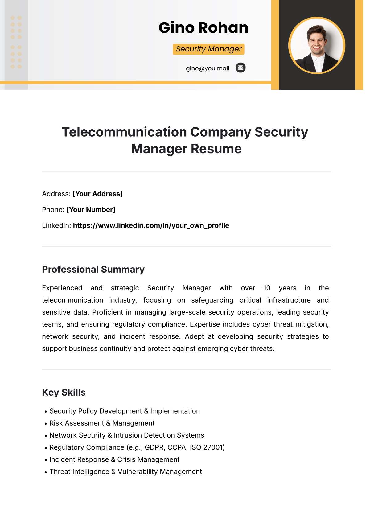 Telecommunication Company Security Manager Resume Template