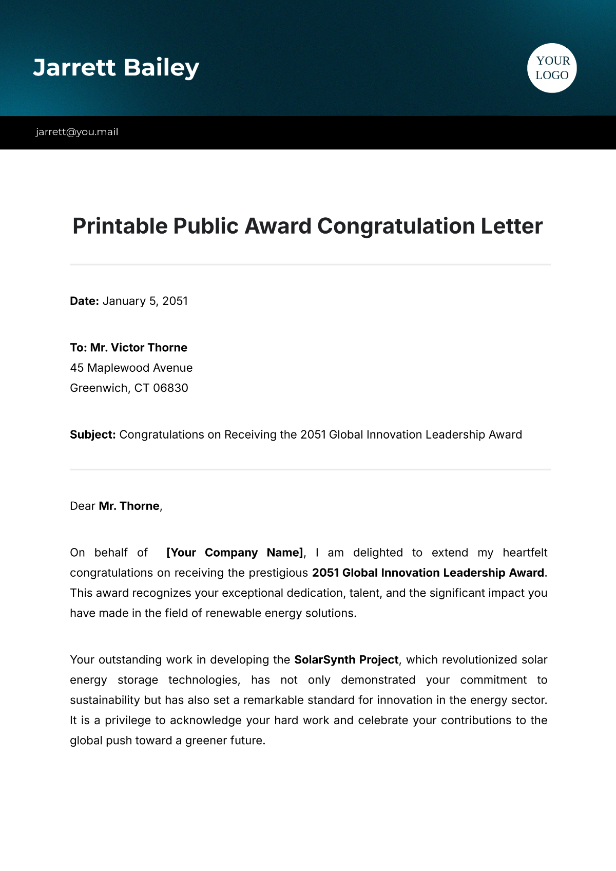 Printable Public Award Congratulation Letter Template