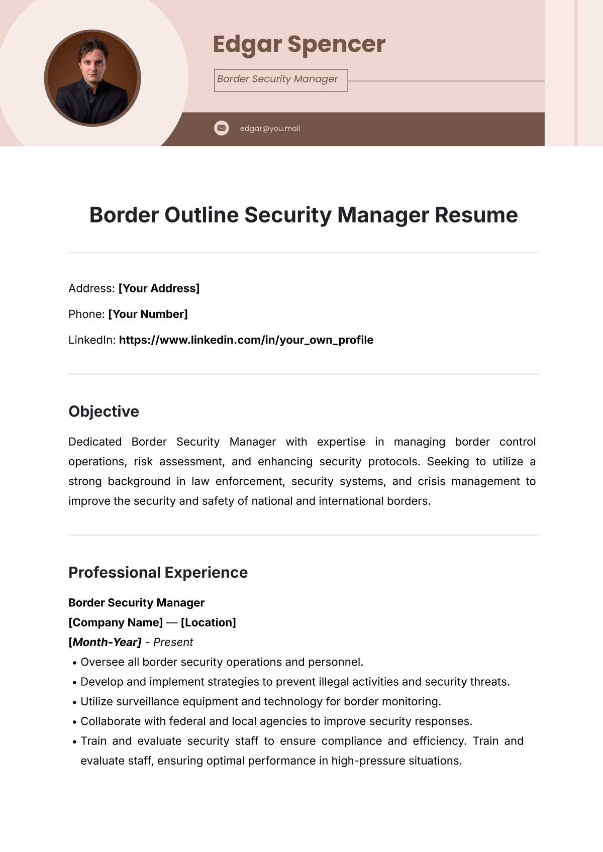 Border Outline Security Manager Resume Template