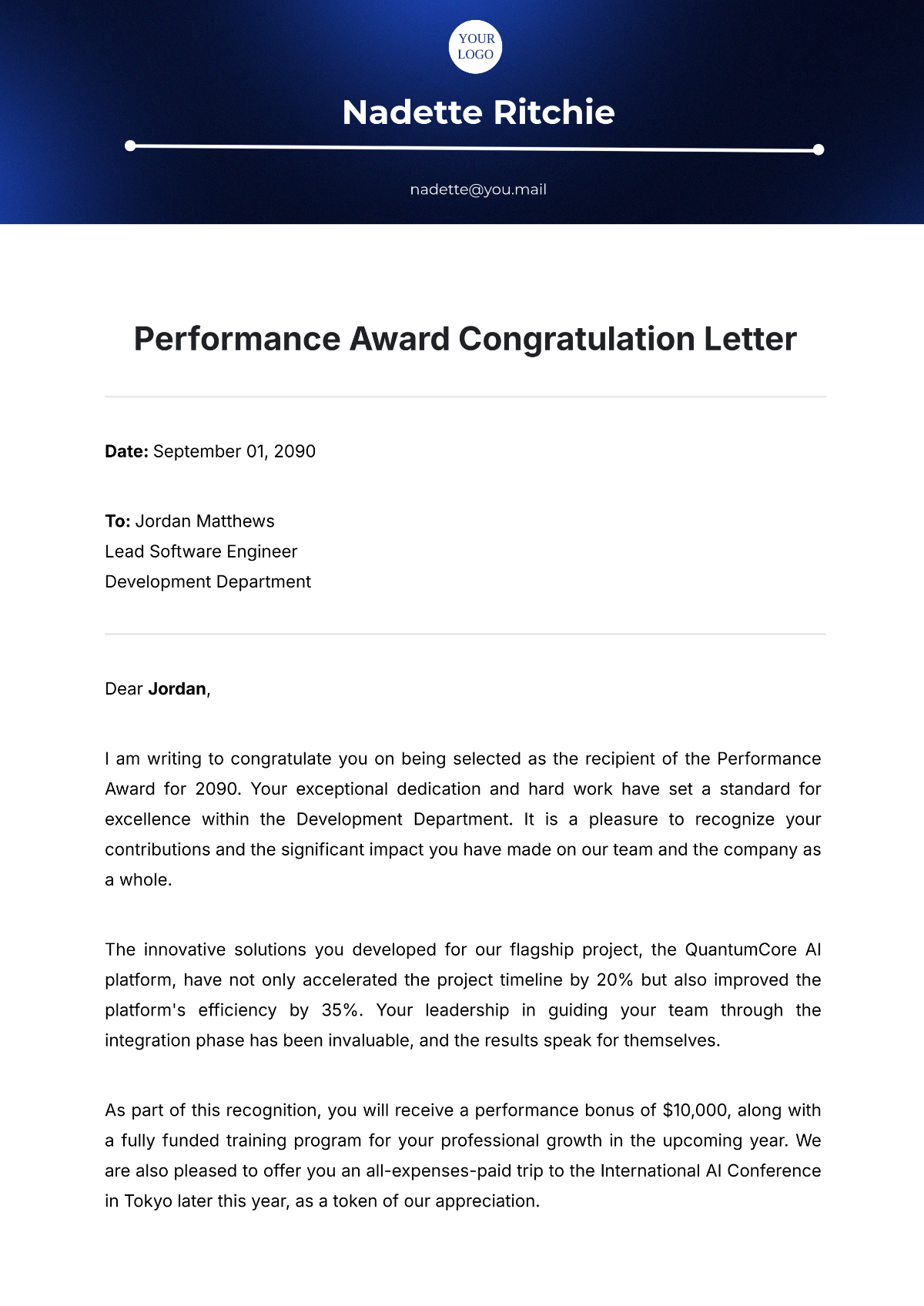 Performance Award Congratulation Letter Template