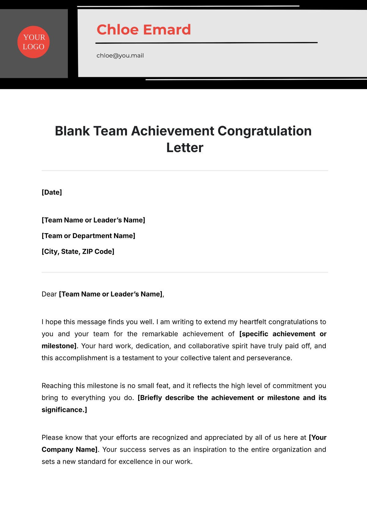 Blank Team Achievement Congratulation Letter Template