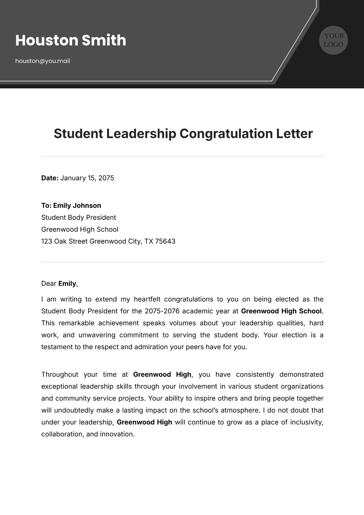 Student Leadership Congratulation Letter Template