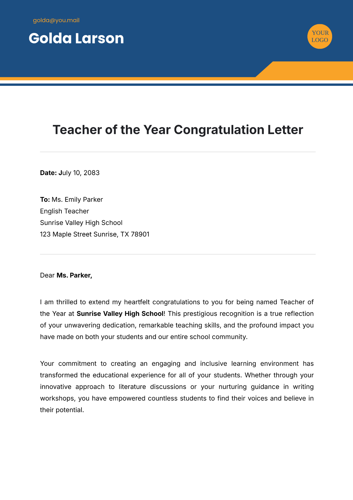 Free Teacher of the Year Congratulation Letter Template