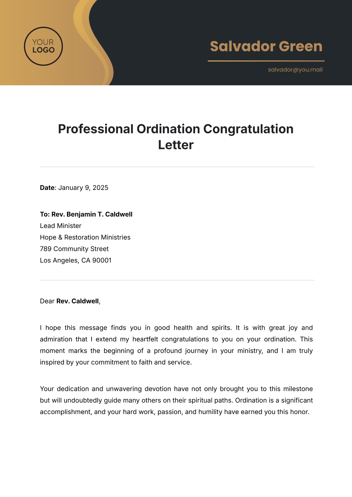 Free Professional Ordination Congratulation Letter Template