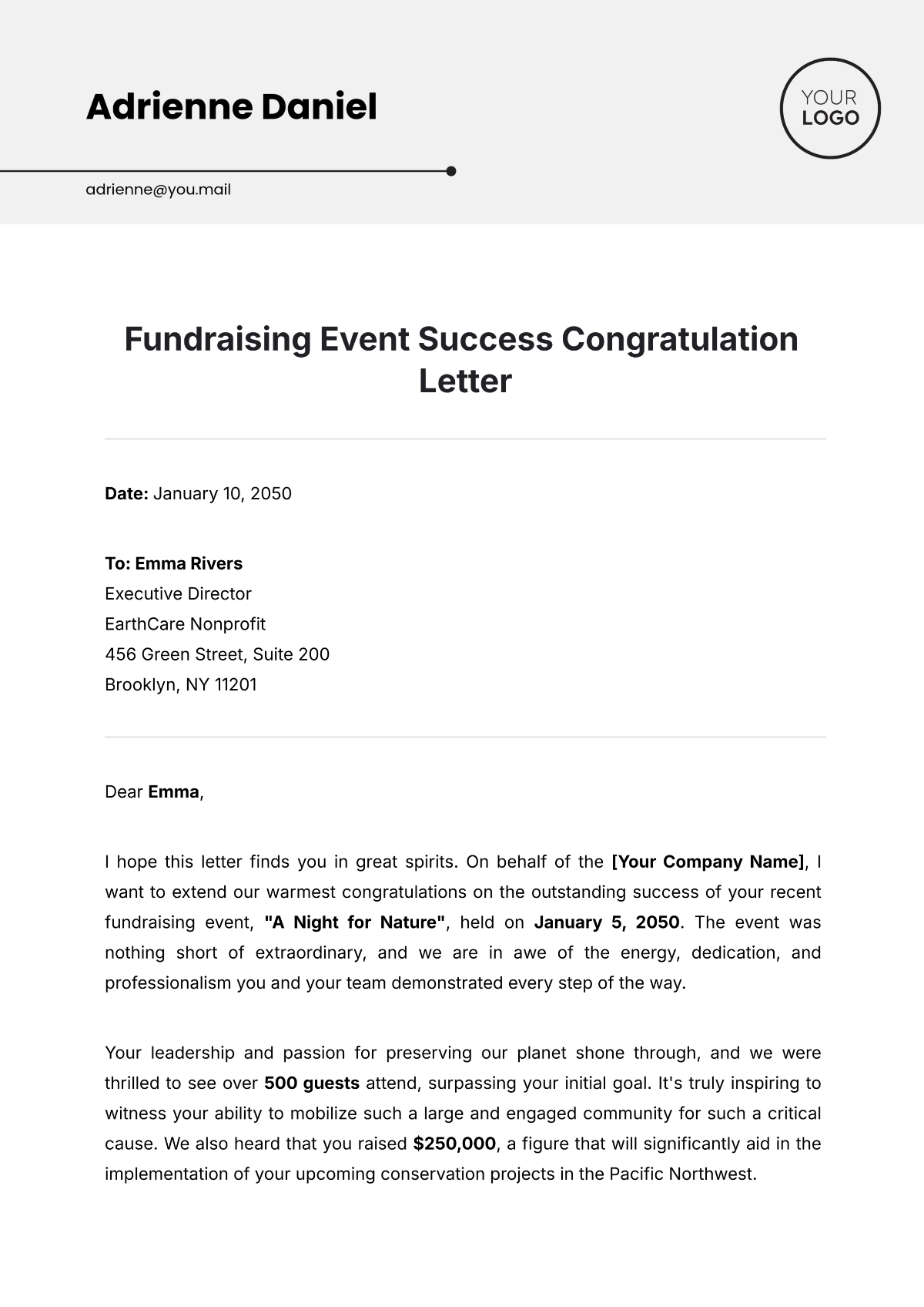 Free Fundraising Event Success Congratulation Letter Template