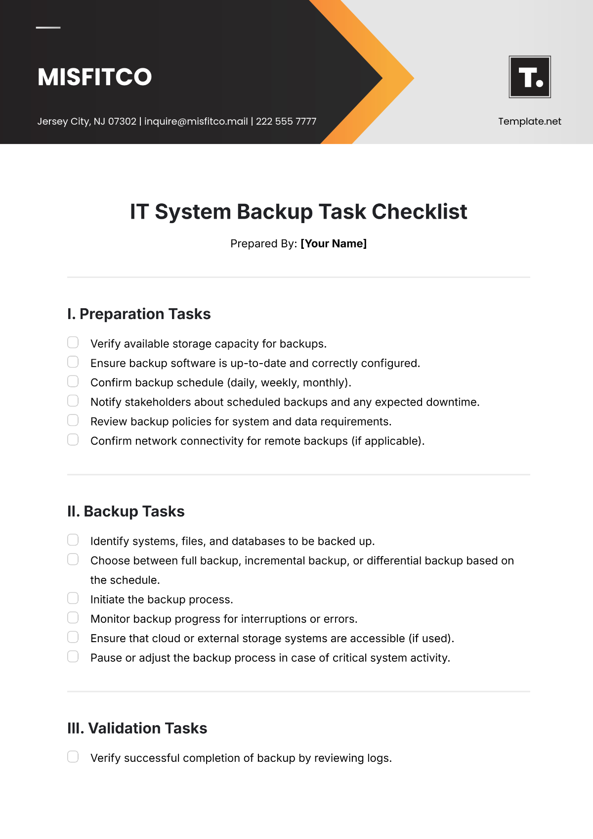 Free IT System Backup Task Checklist Template