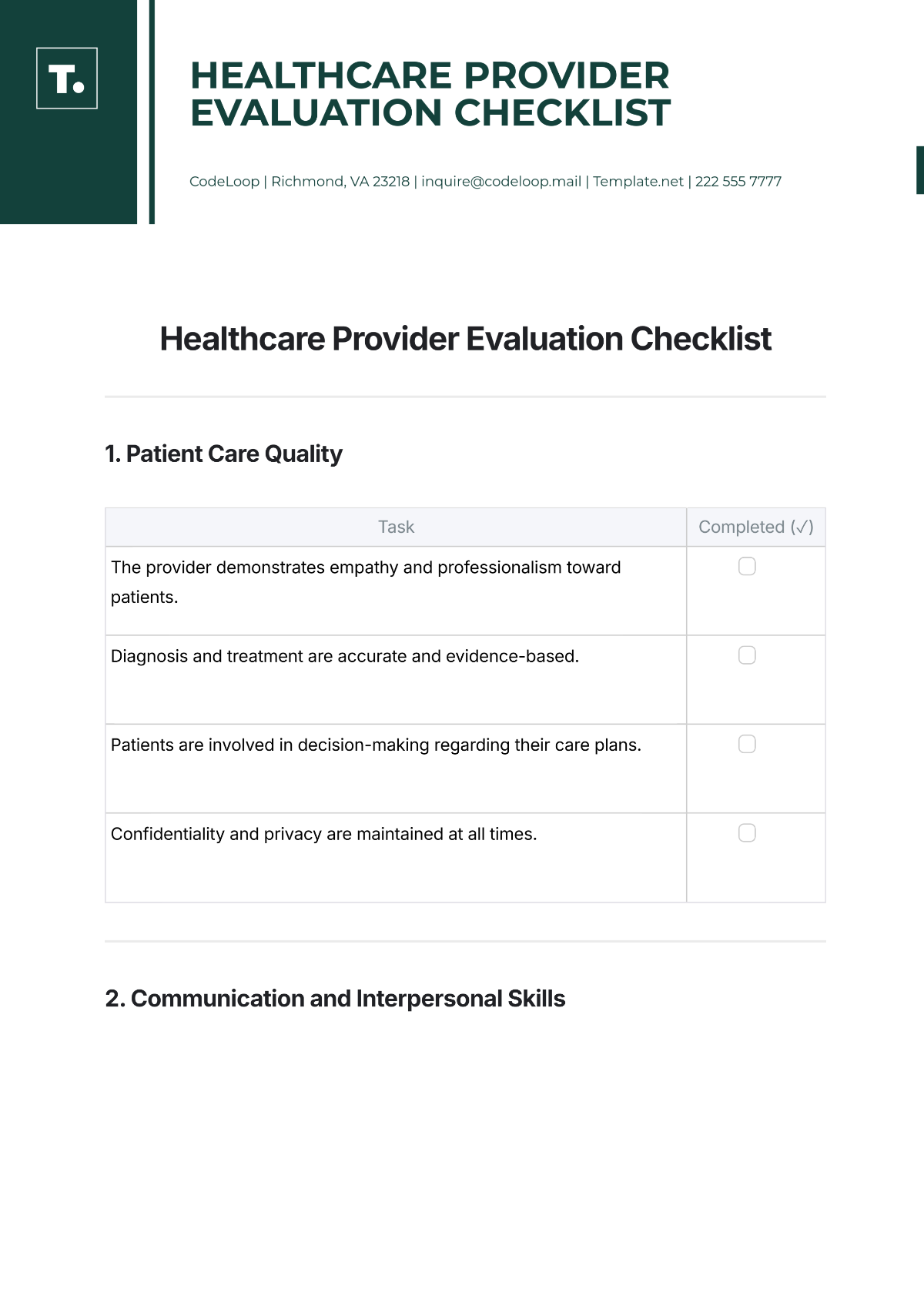 Free Healthcare Provider Evaluation Checklist Template