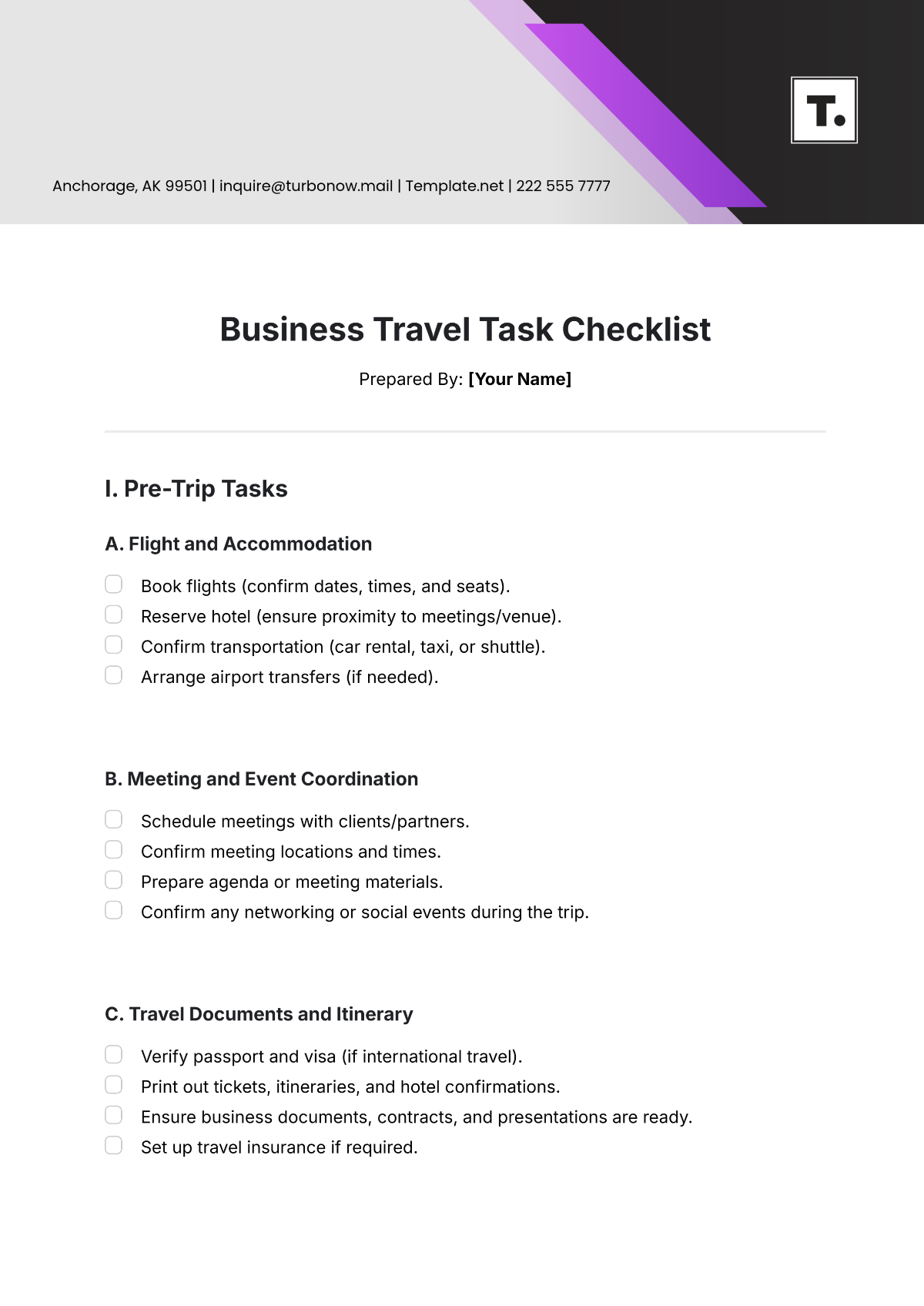 Free Business Travel Task Checklist Template