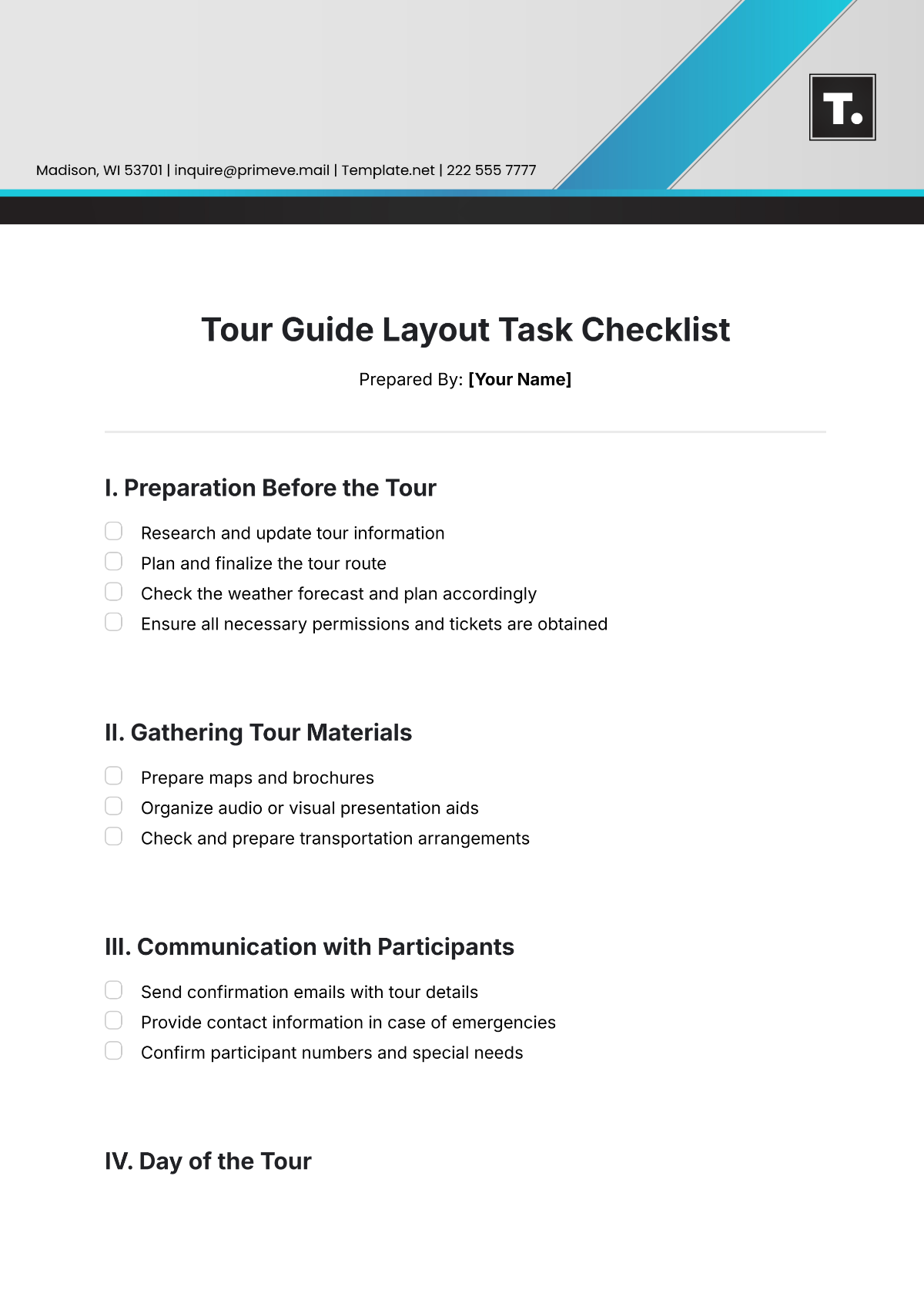 Free Tour Guide Layout Task Checklist Template