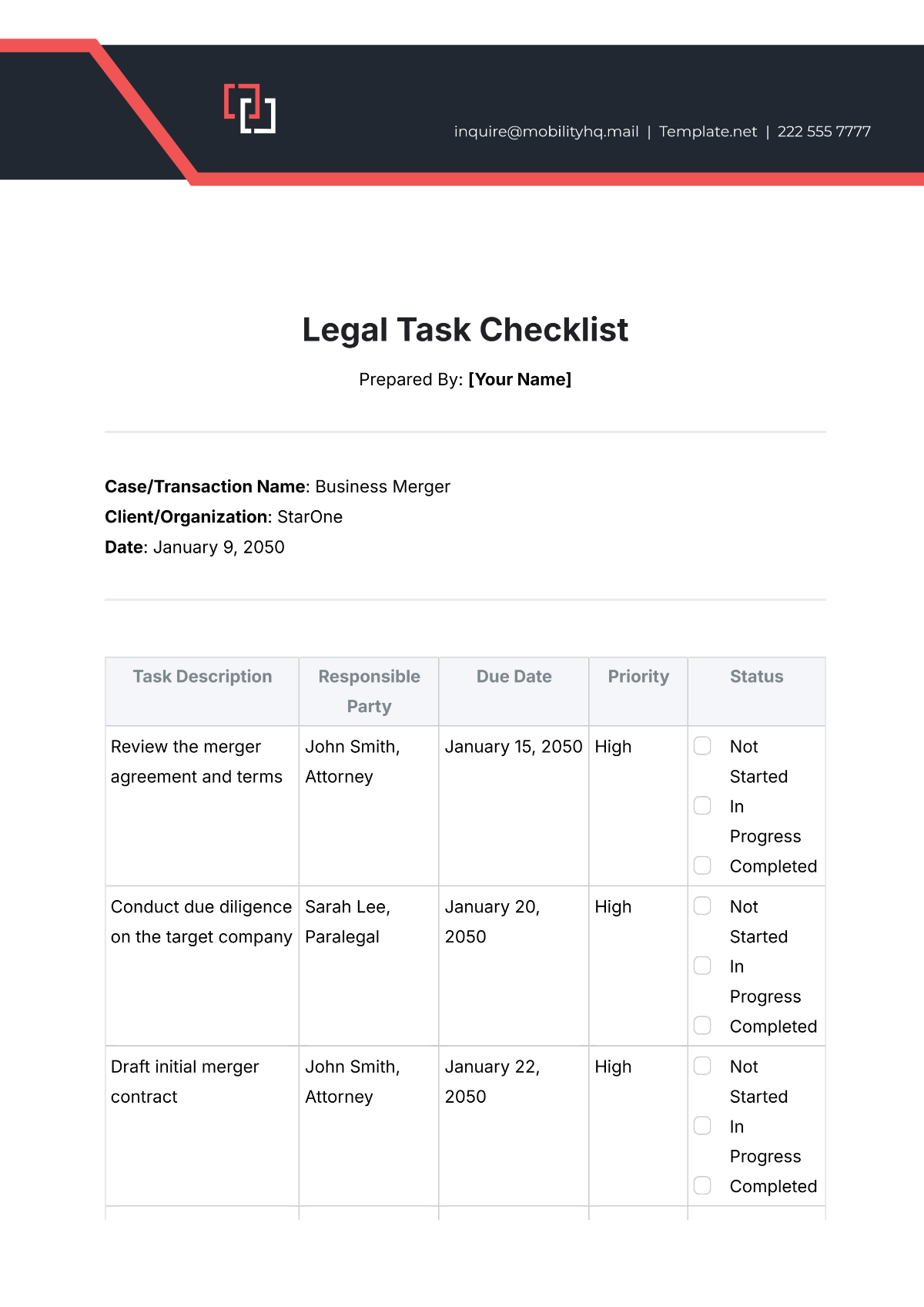 Free Legal Task Checklist Template