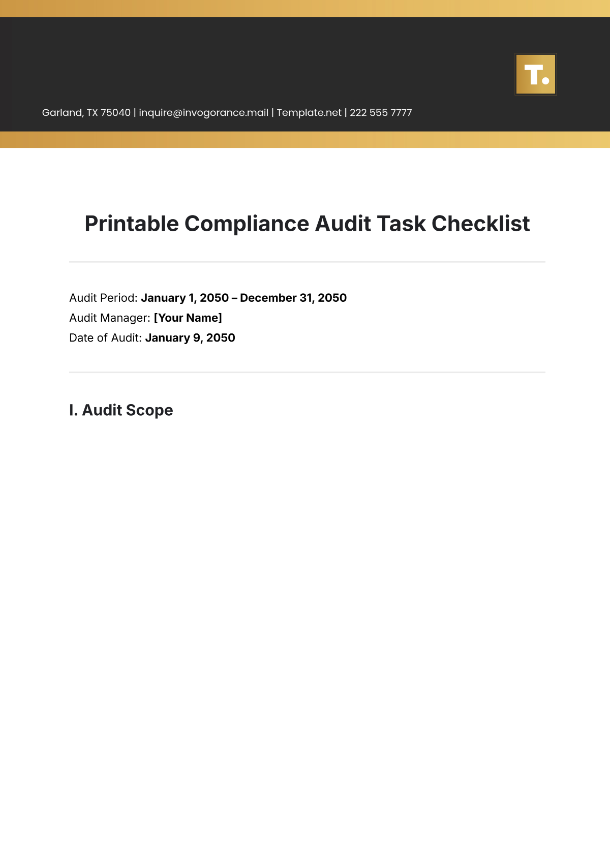 Free Printable Compliance Audit Task Checklist Template