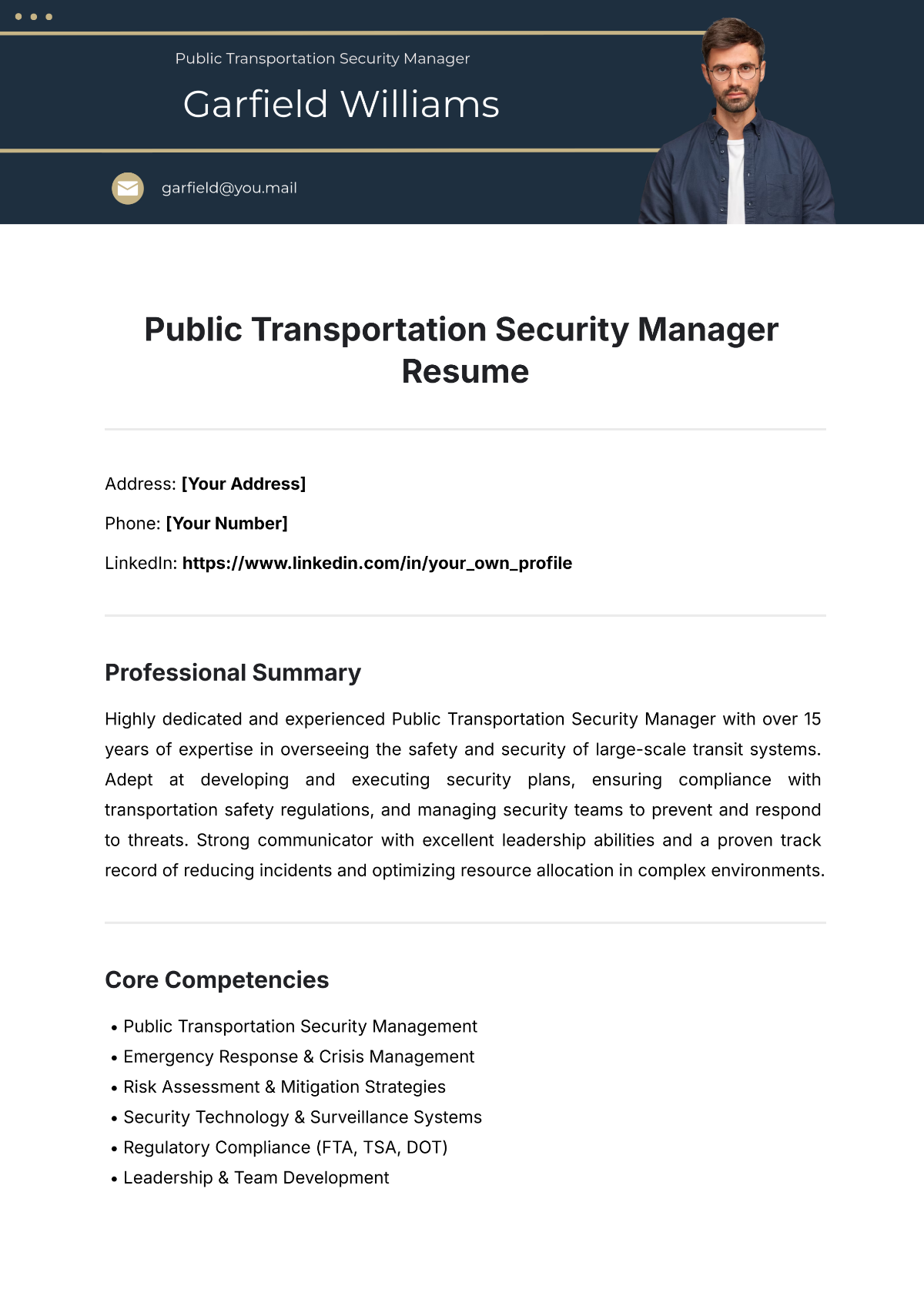 Public Transportation Security Manager Resume Template