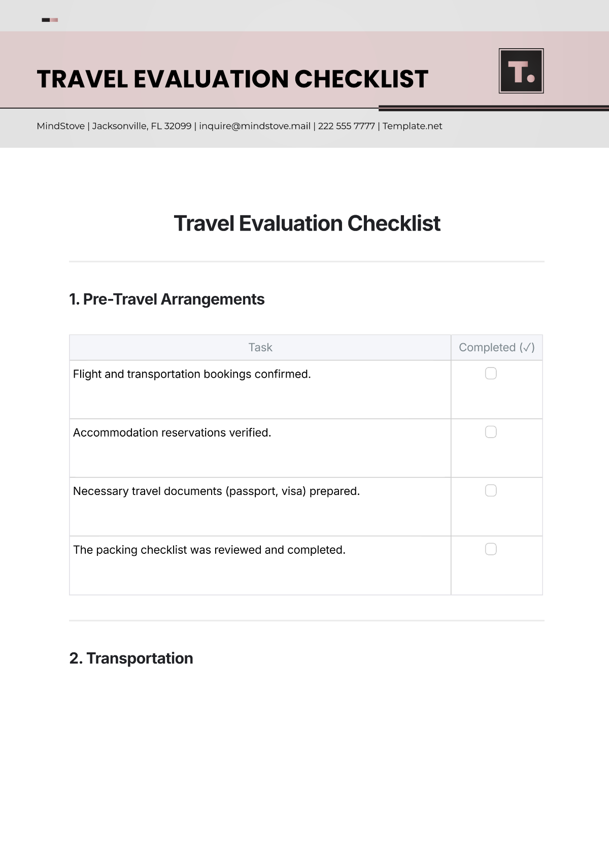 Free Travel Evaluation Checklist Template