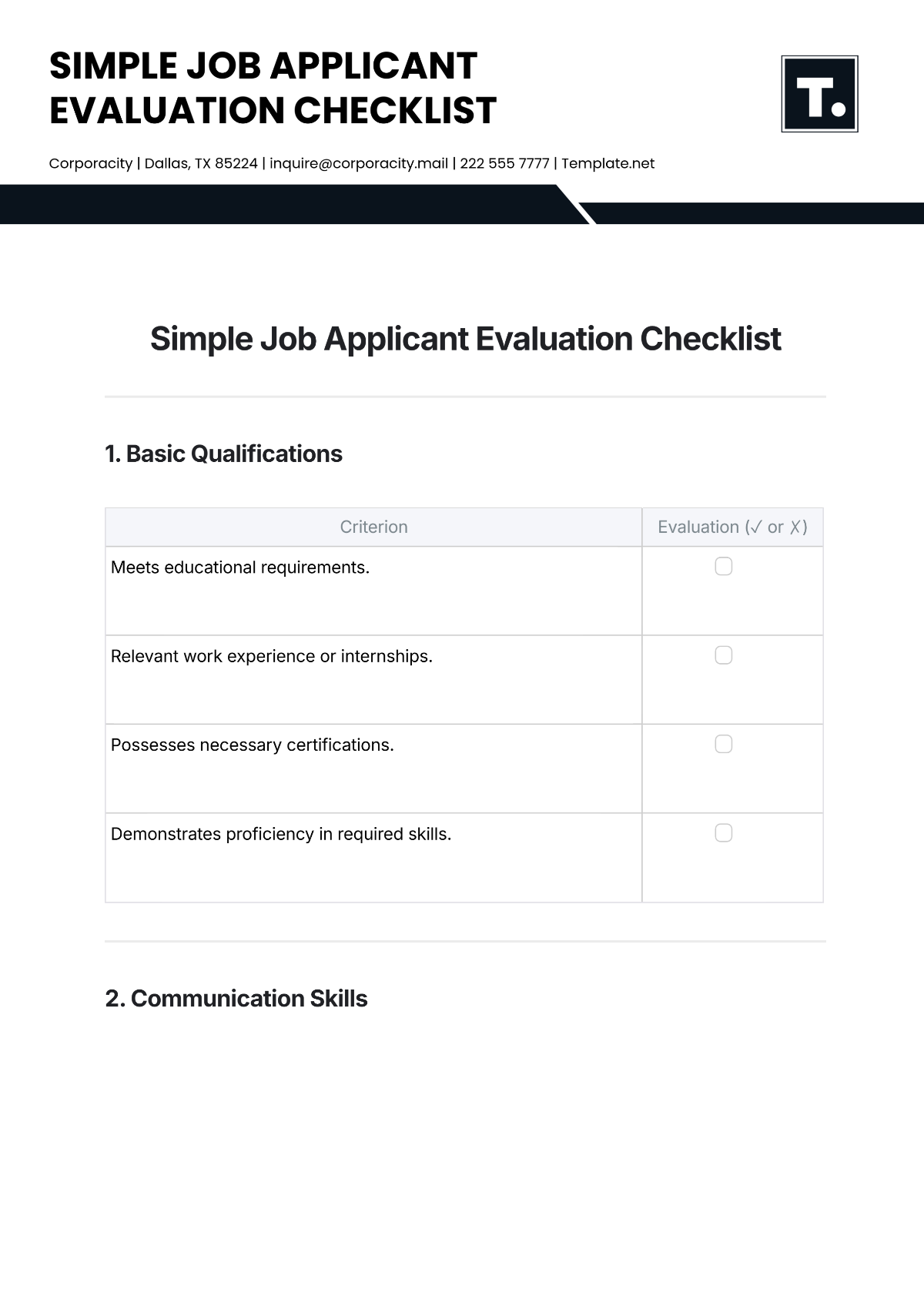 Free Simple Job Applicant Evaluation Checklist Template