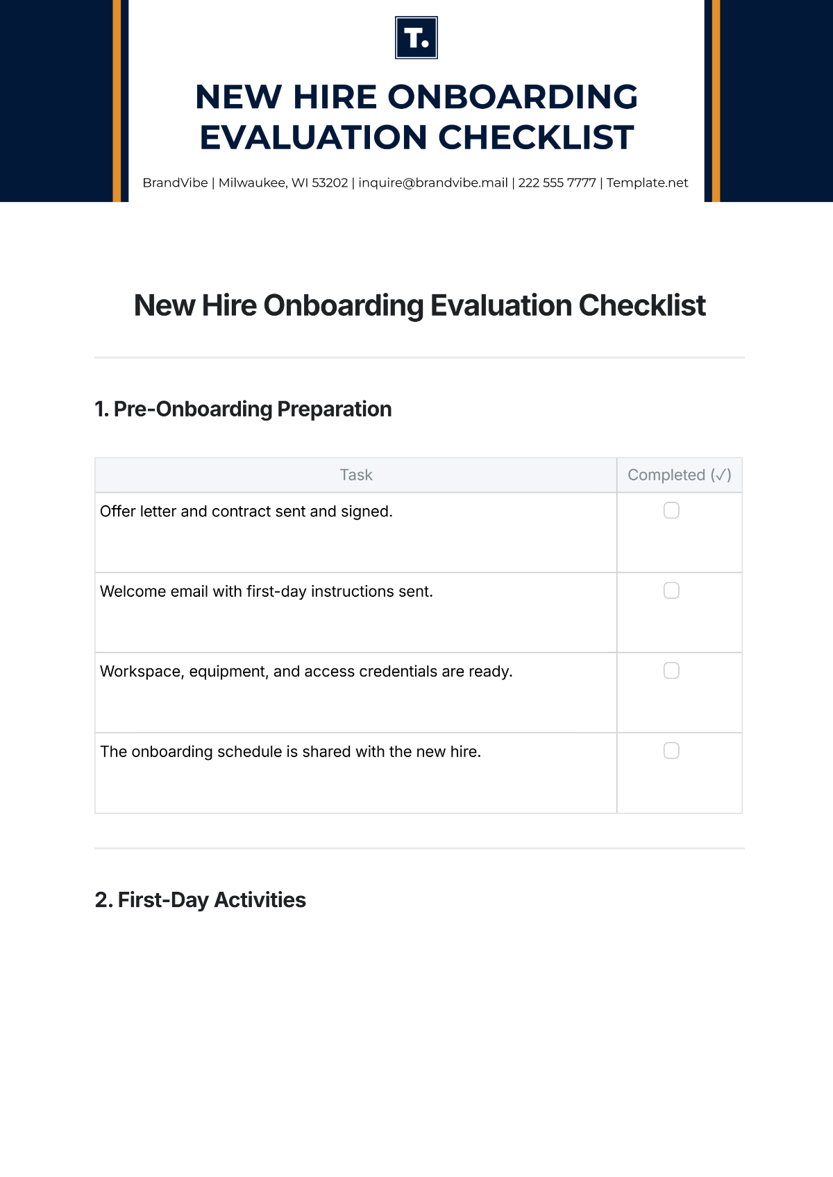 Free New Hire Onboarding Evaluation Checklist Template