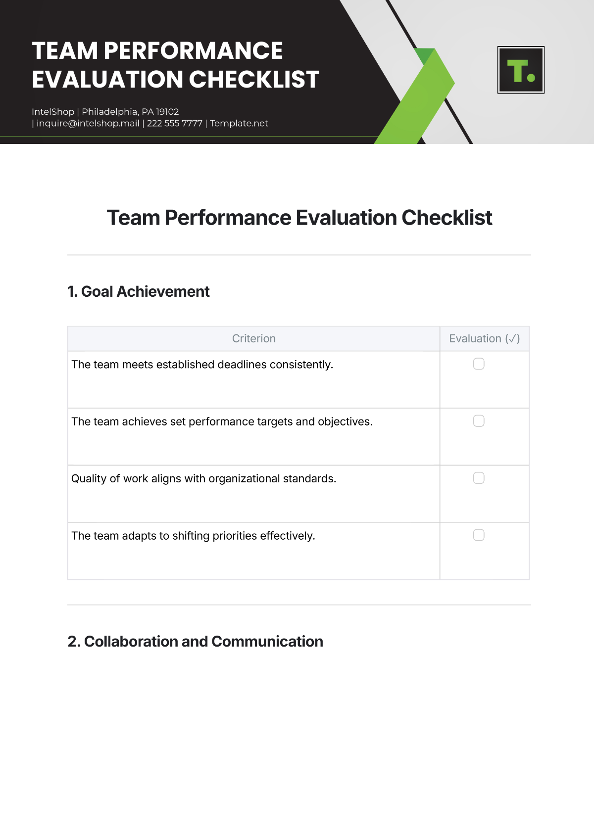 Free Team Performance Evaluation Checklist Template