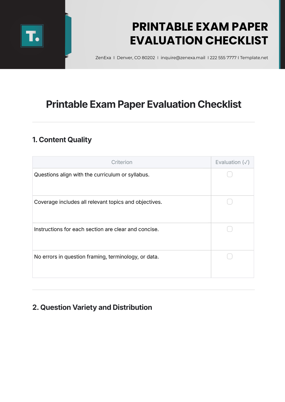 Free Printable Exam Paper Evaluation Checklist Template