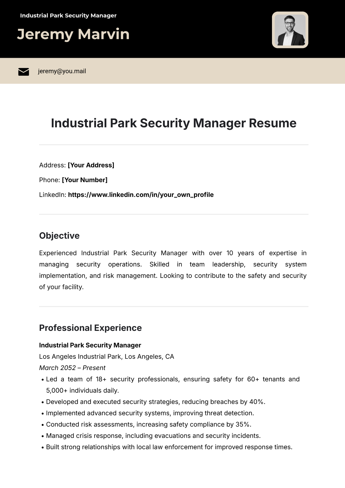 Industrial Park Security Manager Resume Template