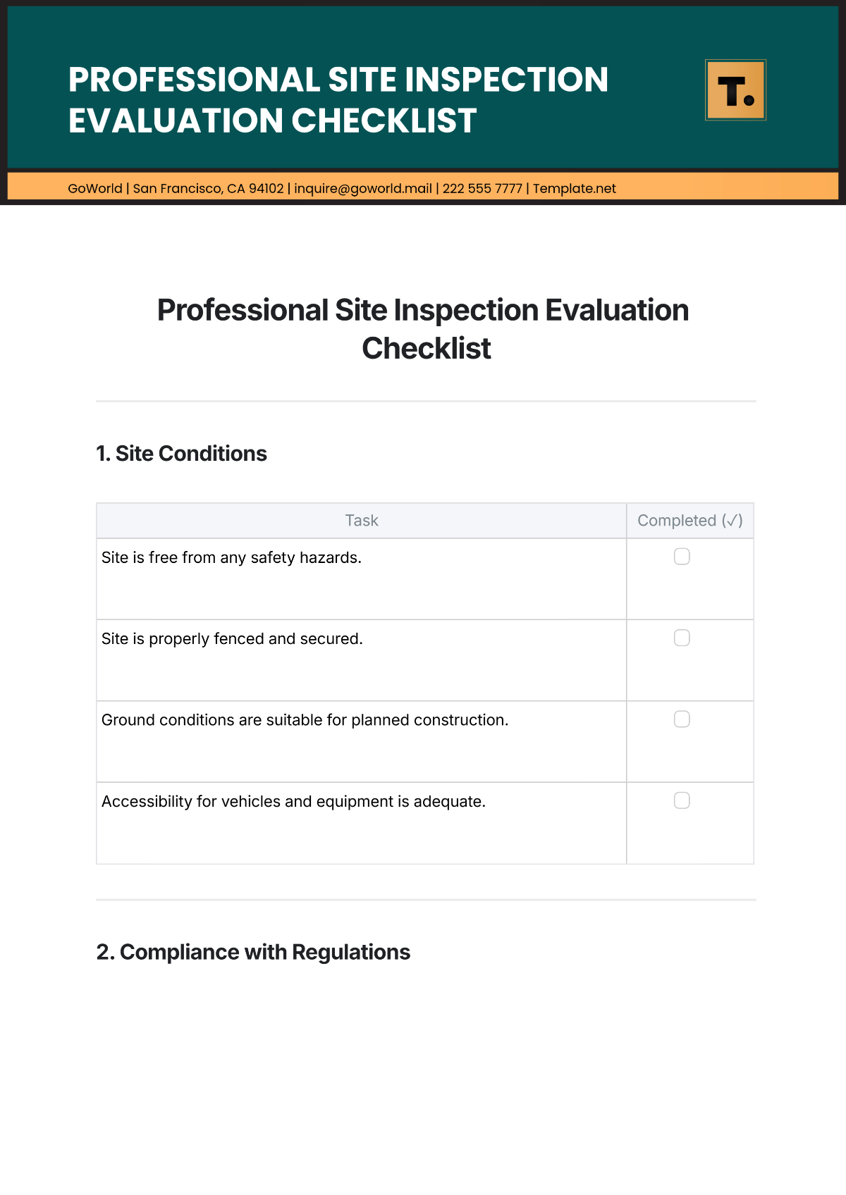 Free Professional Site Inspection Evaluation Checklist Template