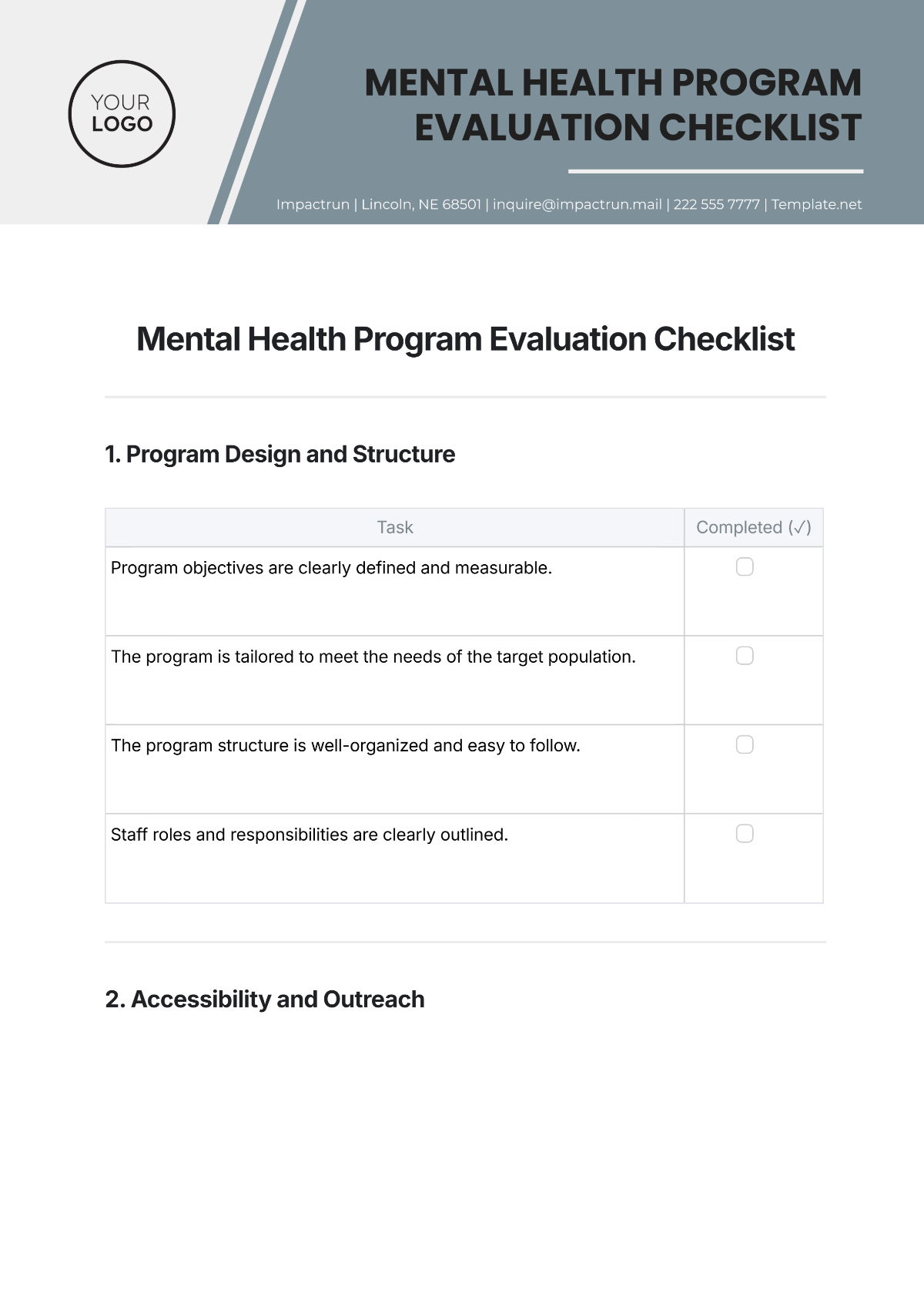 Free Mental Health Program Evaluation Checklist Template