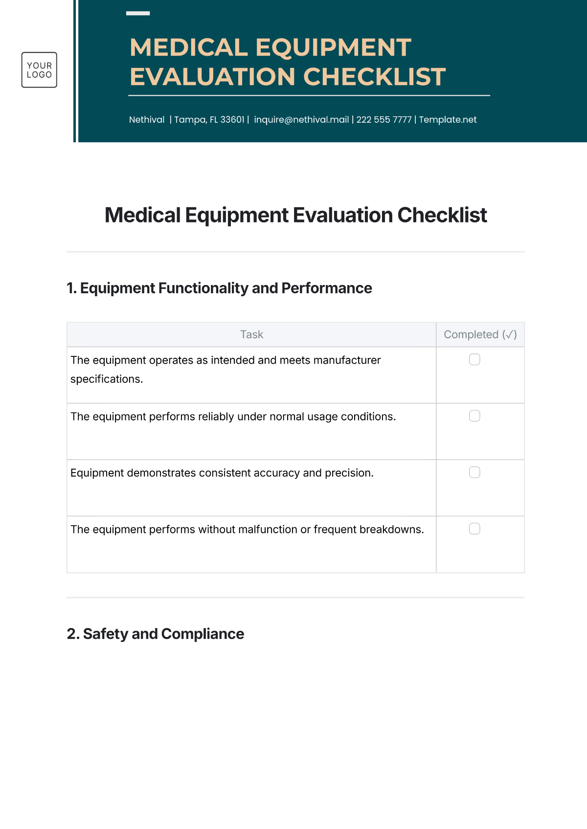 Free Medical Equipment Evaluation Checklist Template