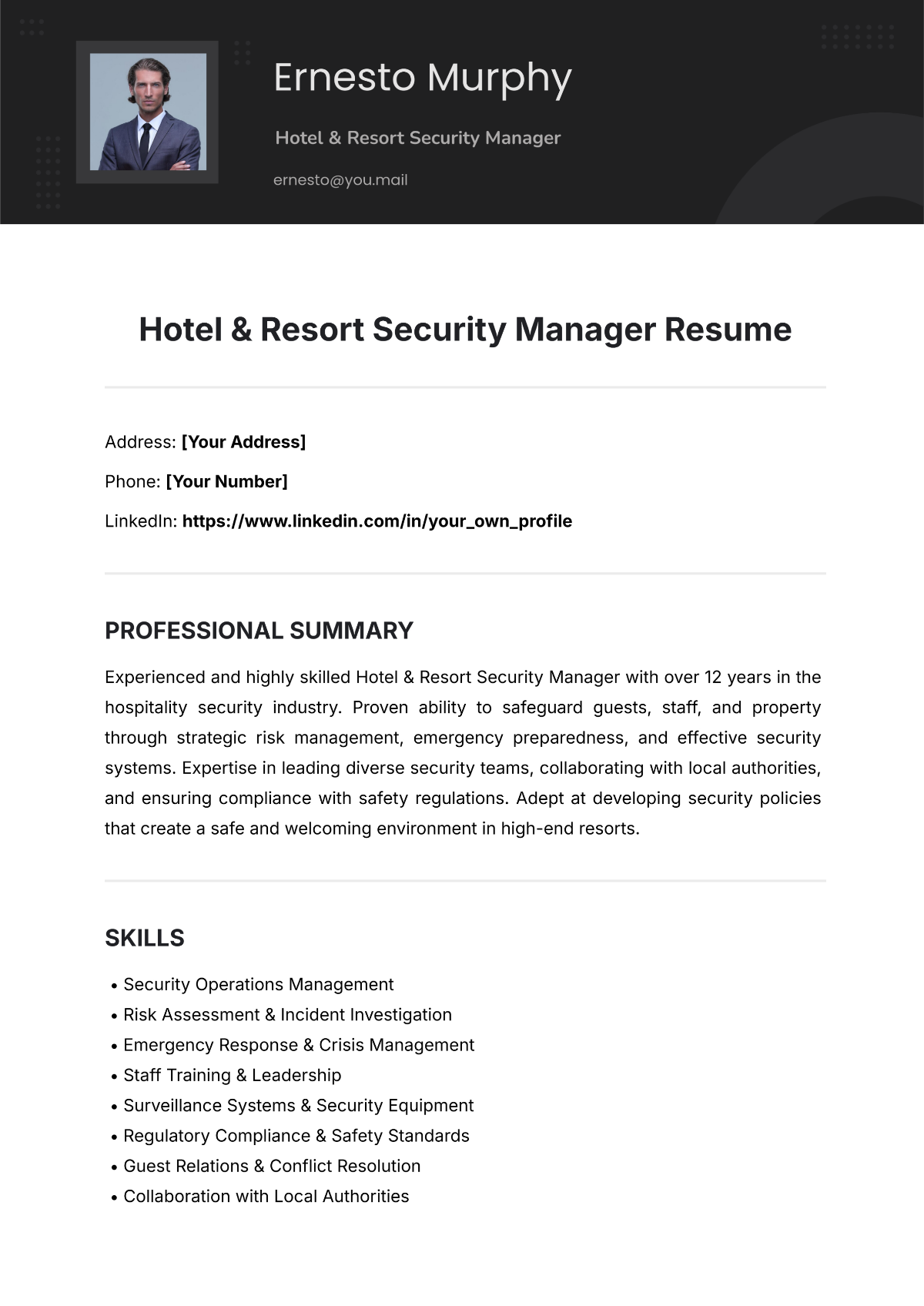 Free Hotel & Resort Security Manager Resume Template