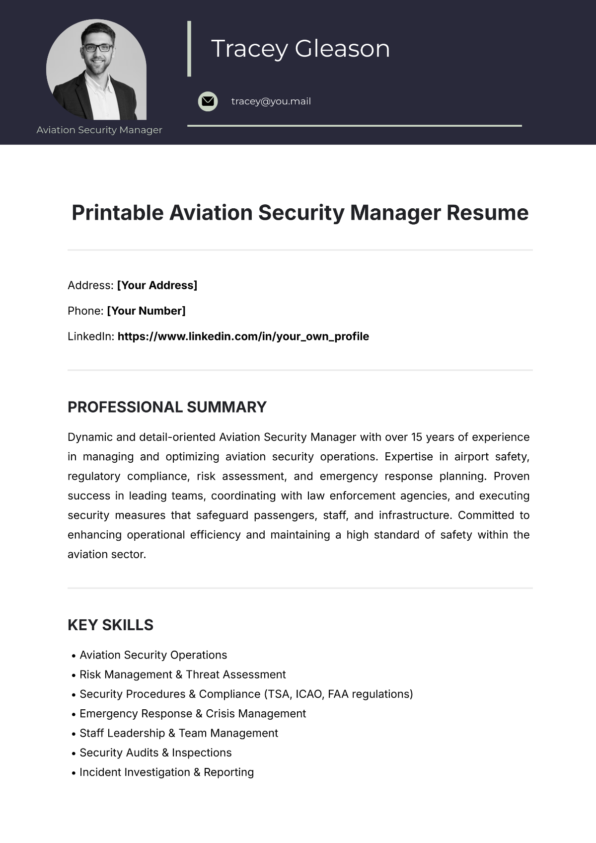 Free Printable Aviation Security Manager Resume Template