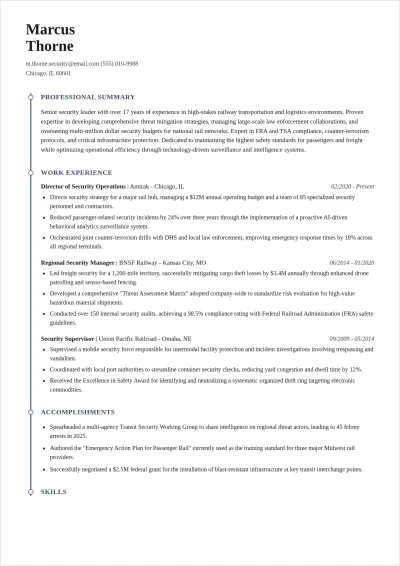 Free Railway Security Manager ATS Resume Template, AI Resume Builder