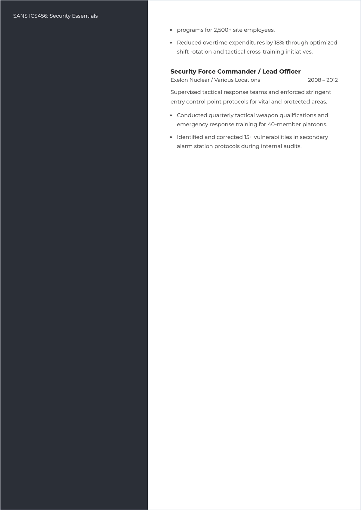 Free Nuclear Facility Security Manager ATS Resume Template
