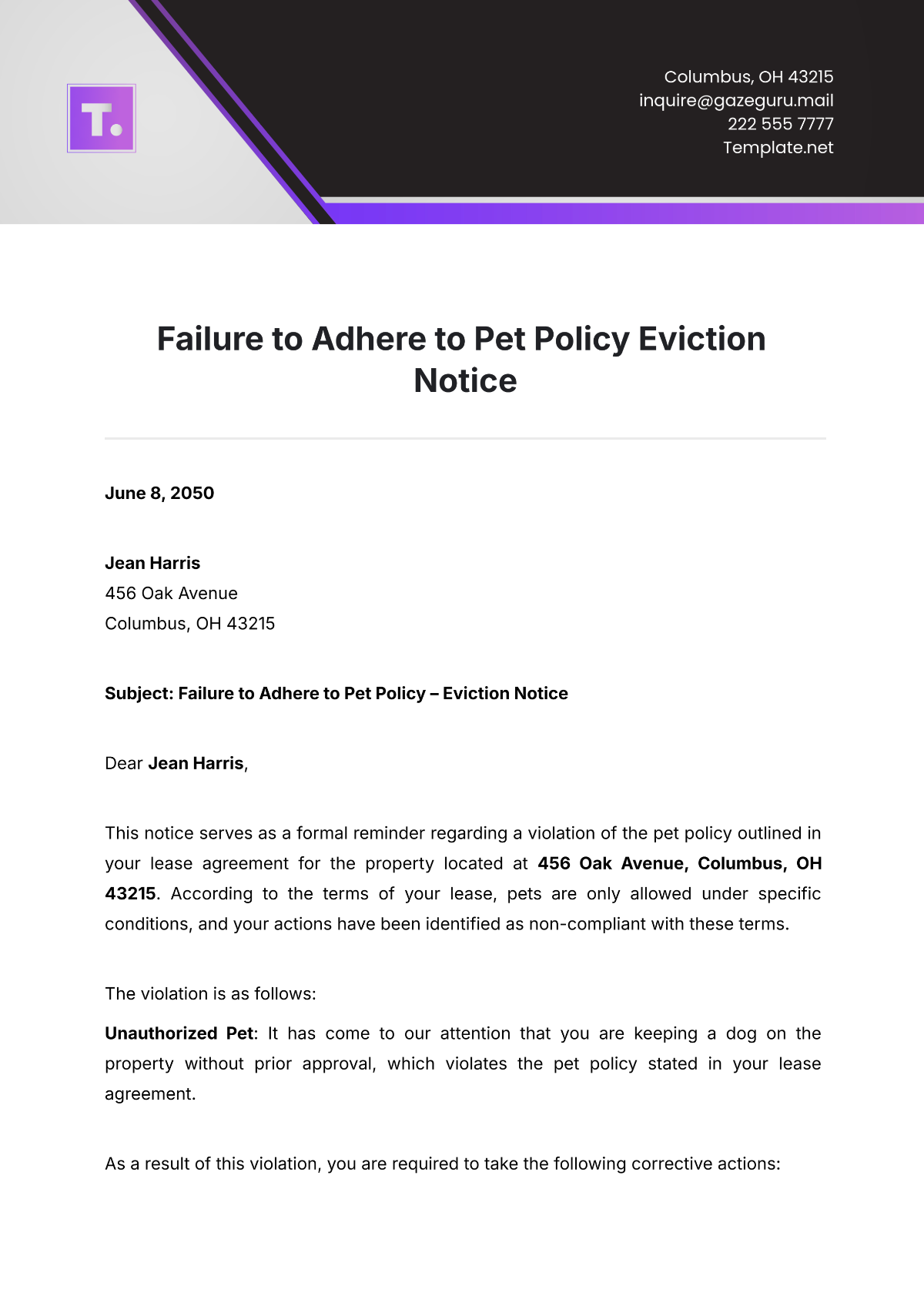 Free Failure to Adhere to Pet Policy Eviction Notice Template