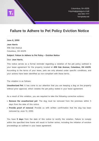 Free Failure to Adhere to Pet Policy Eviction Notice Template to Edit Online