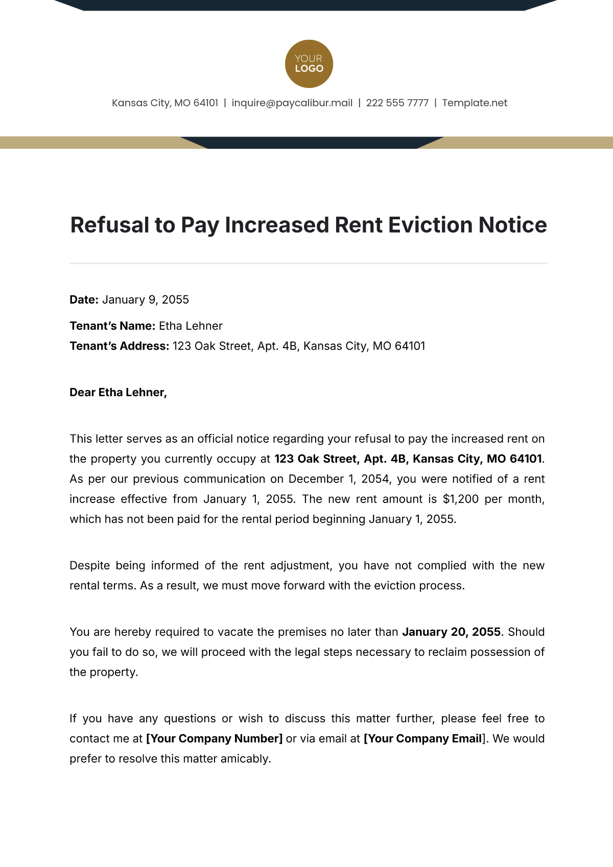 Free Refusal to Pay Increased Rent Eviction Notice Template