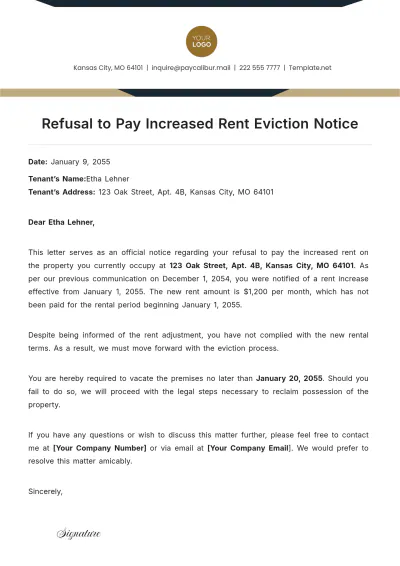 Free Refusal to Pay Increased Rent Eviction Notice Template to Edit Online