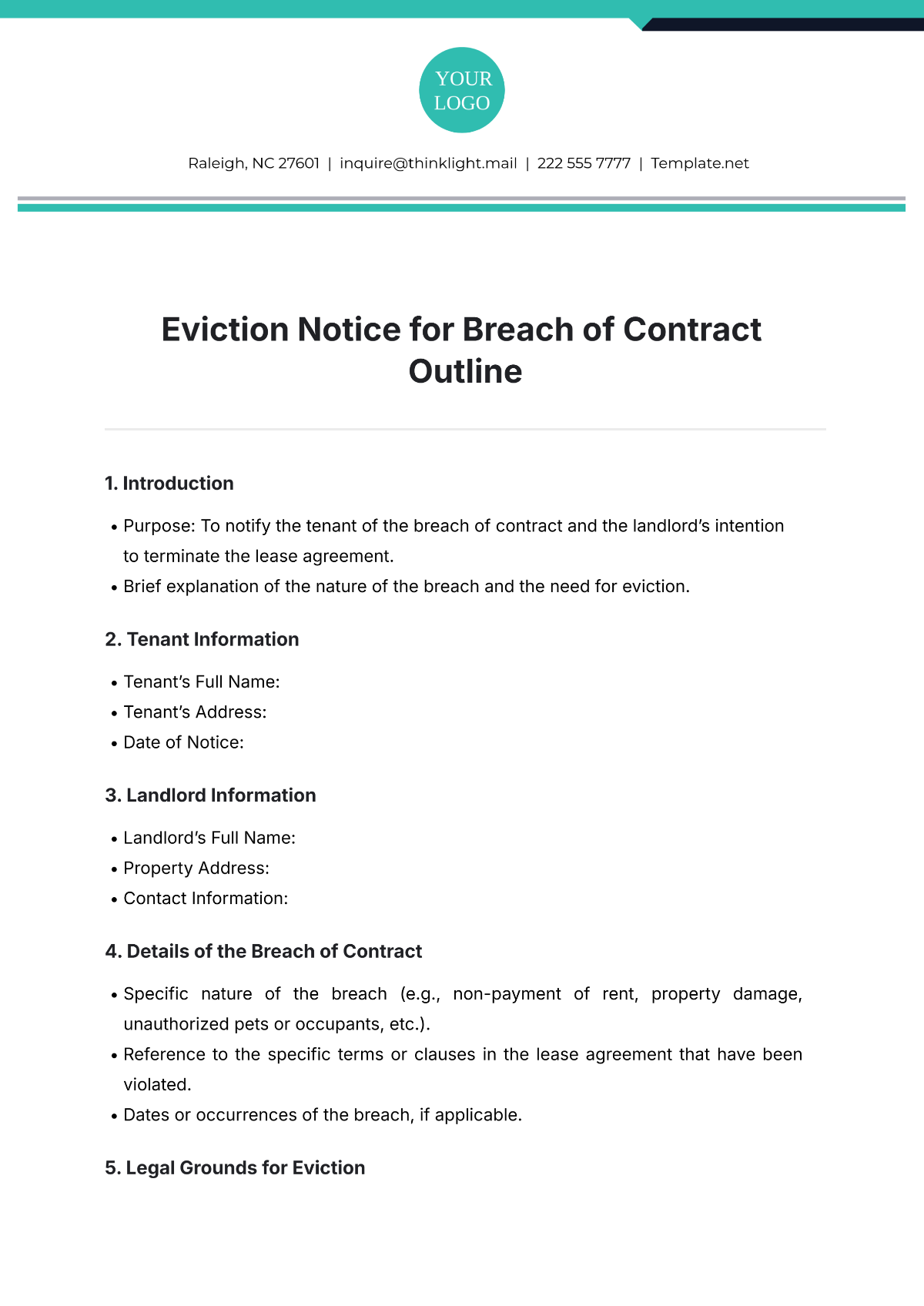 Free Eviction Notice for Breach of Contract Outline Template