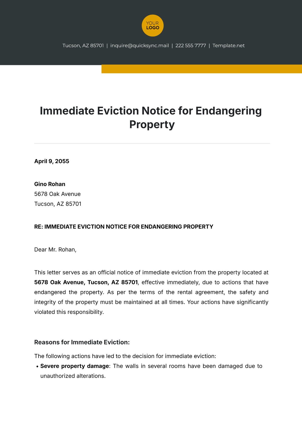 Free Immediate Eviction Notice for Endangering Property Template