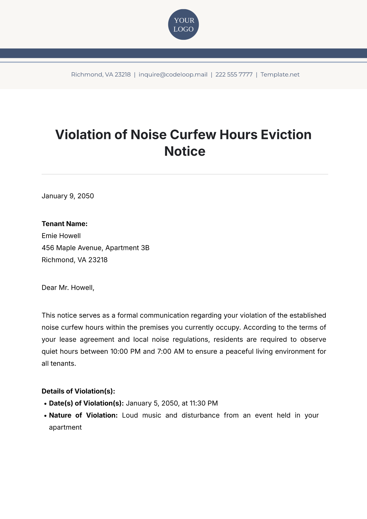 Free Violation of Noise Curfew Hours Eviction Notice Template