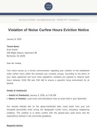 Free Violation of Noise Curfew Hours Eviction Notice Template to Edit Online