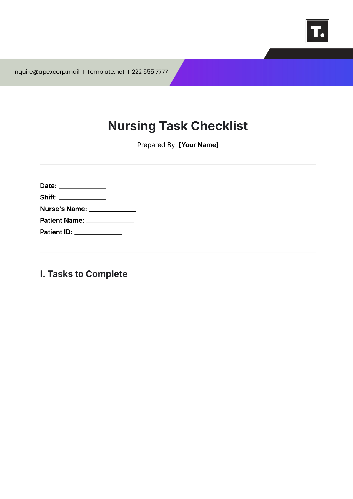 Free Nursing Task Checklist Template