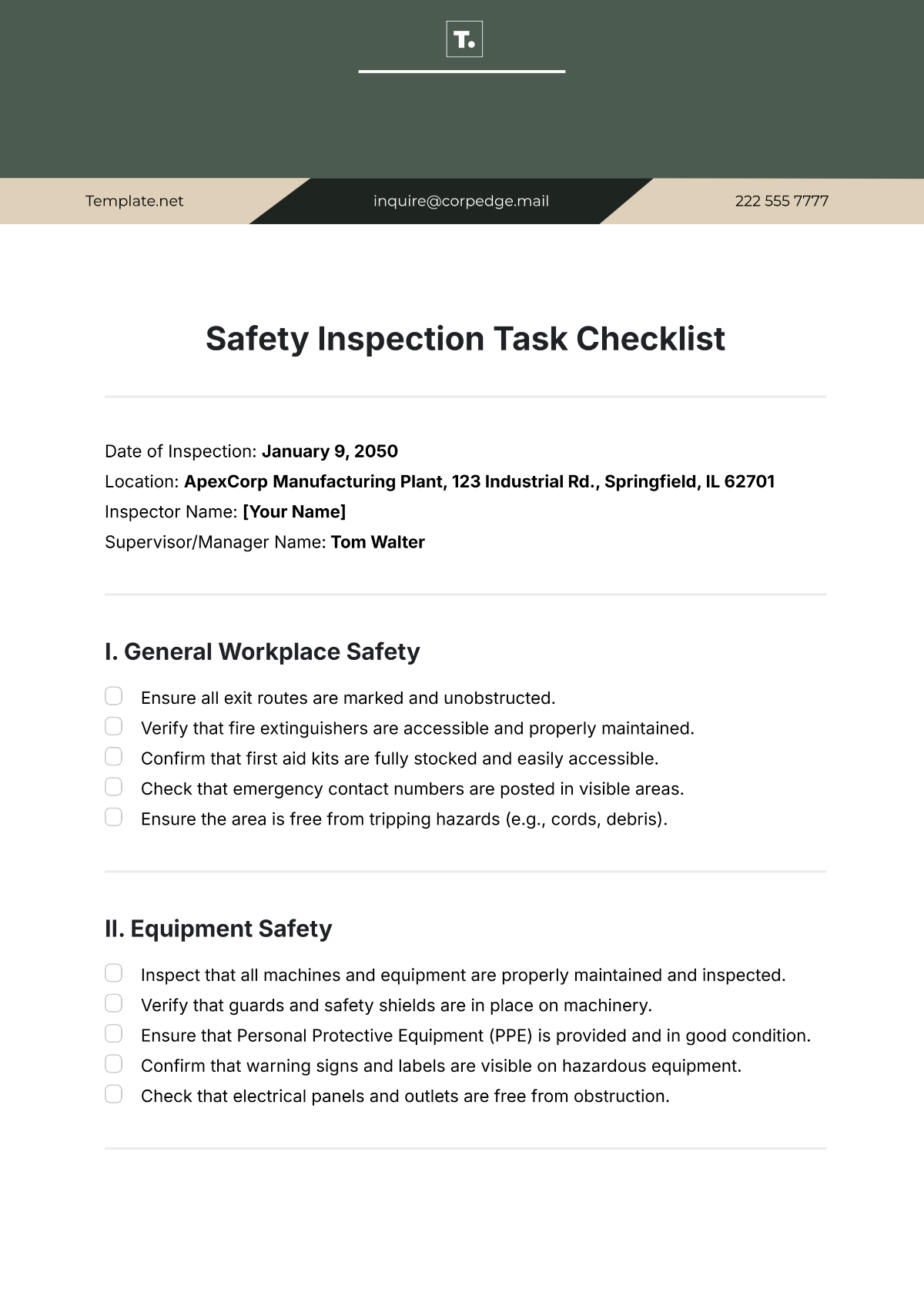 Free Safety Inspection Task Checklist Template