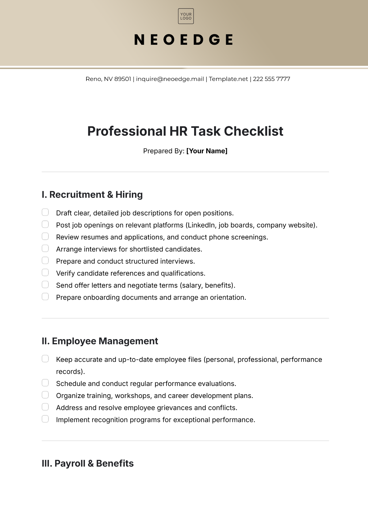 Free Professional HR Task Checklist Template