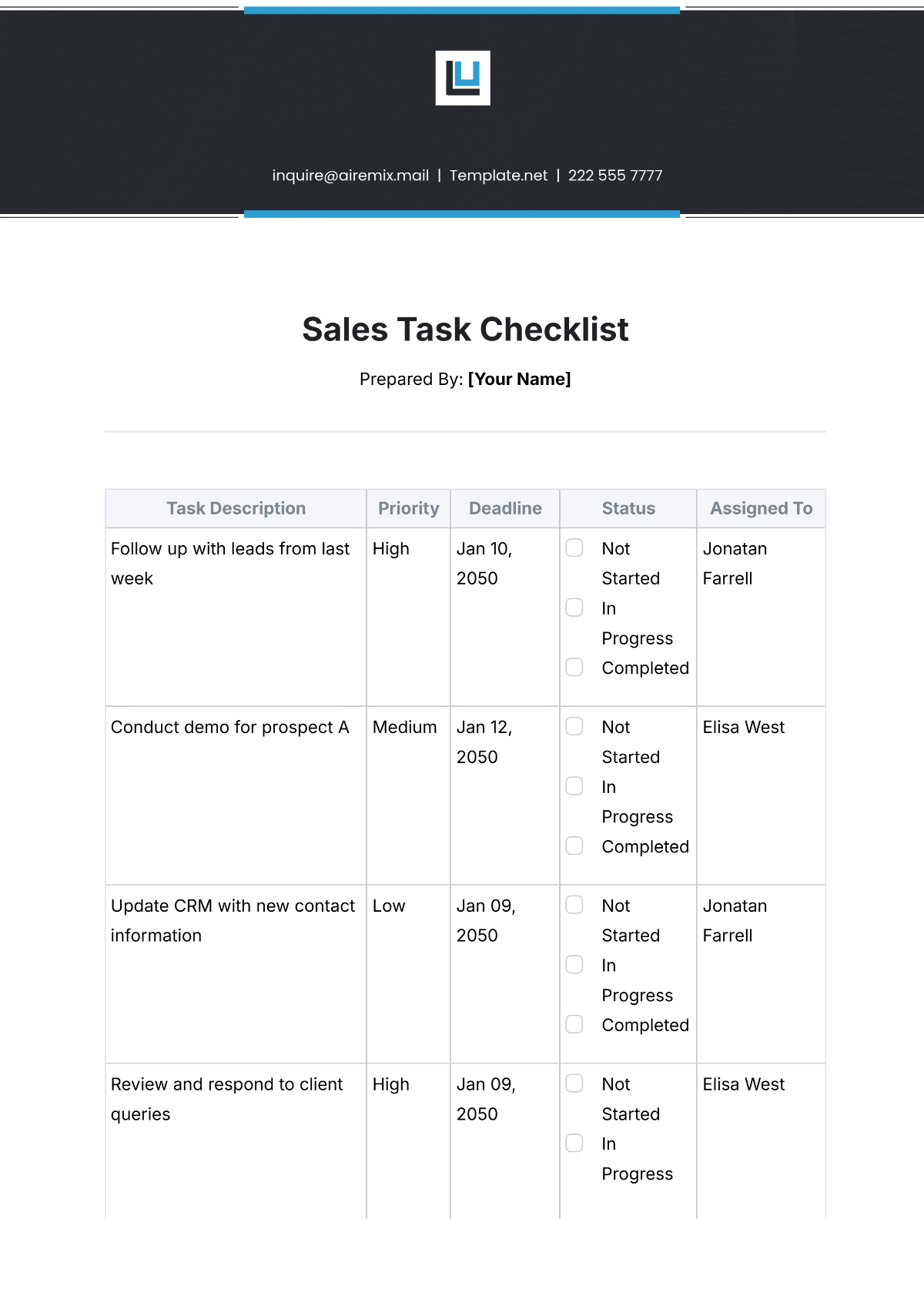 Free Sales Task Checklist Template