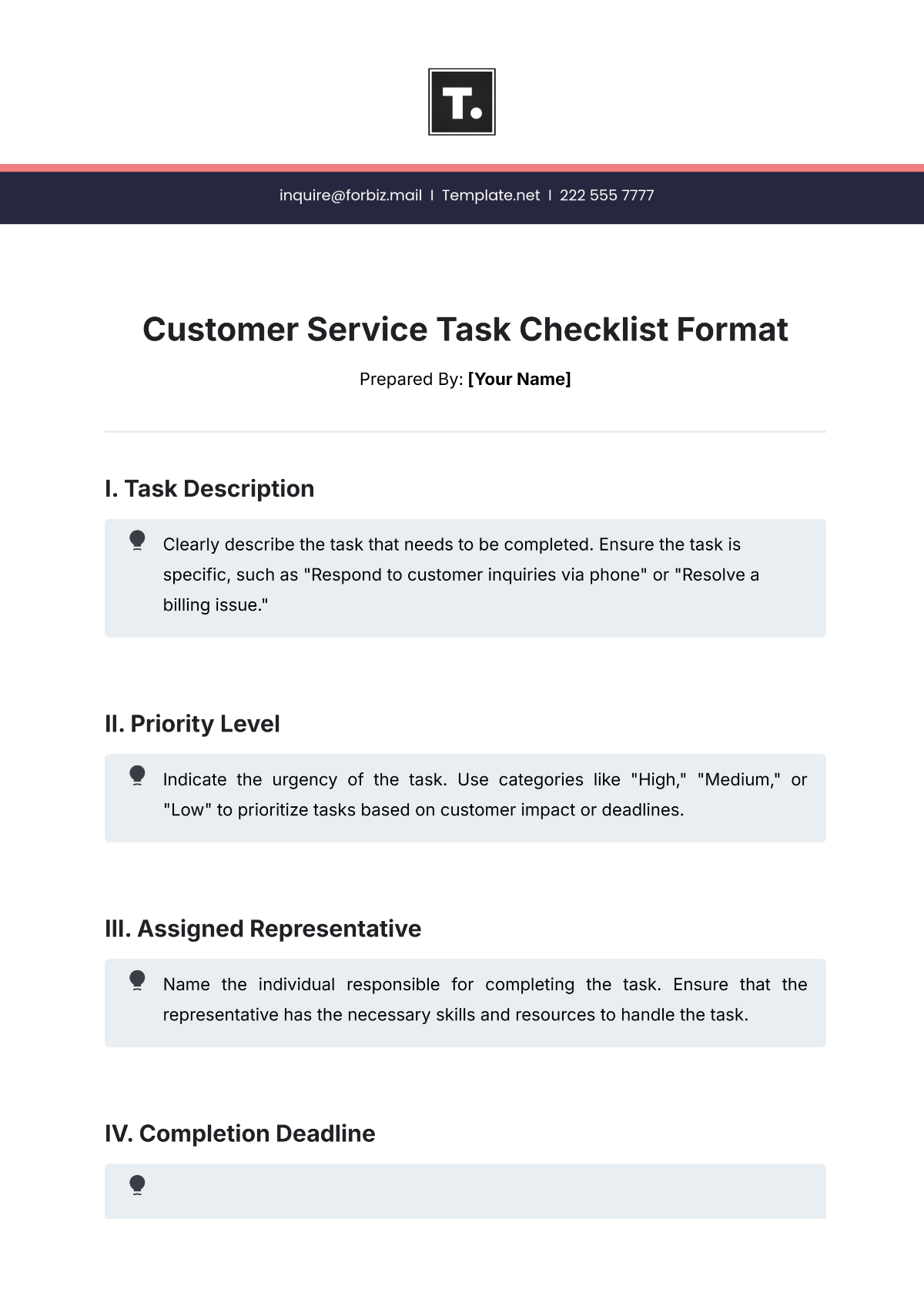 Free Customer Service Task Checklist Format Template