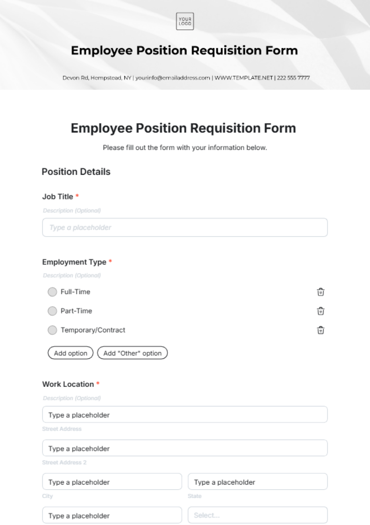 Free Employee Position Requisition Form Template